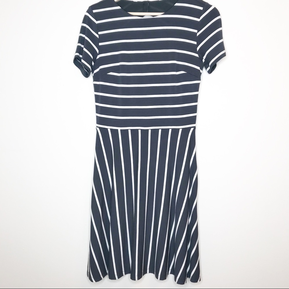 Loft Grey & White Striped Fit And Flare Dress - Picture 2 of 8